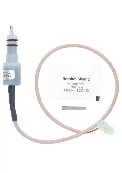 JUDO Ersatzteilset bestehend aus einem Sensor mit zwei Drähten, einer Tube mit Silikon und einem kleinen Metallstück.